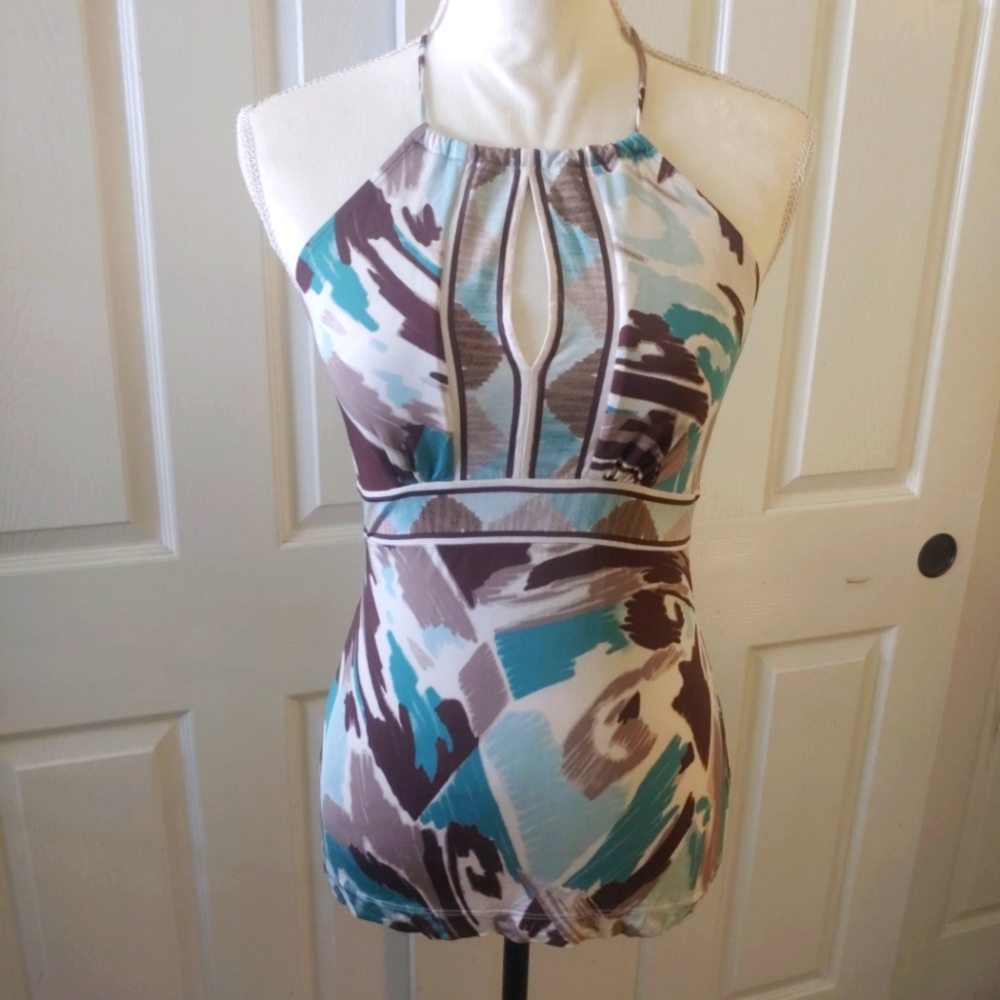 Rare BCBG Maxazria Brown/Teal Print Keyhole Halter Top Women's Size Small